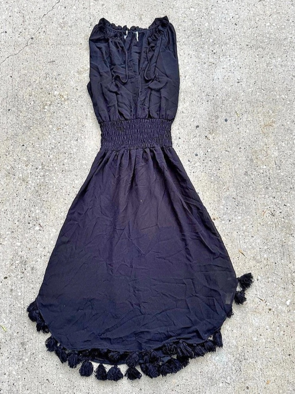 MISA Athena Black Tassel Fringe Sleeveless Smocked Midi Dress Boho Anthro XS